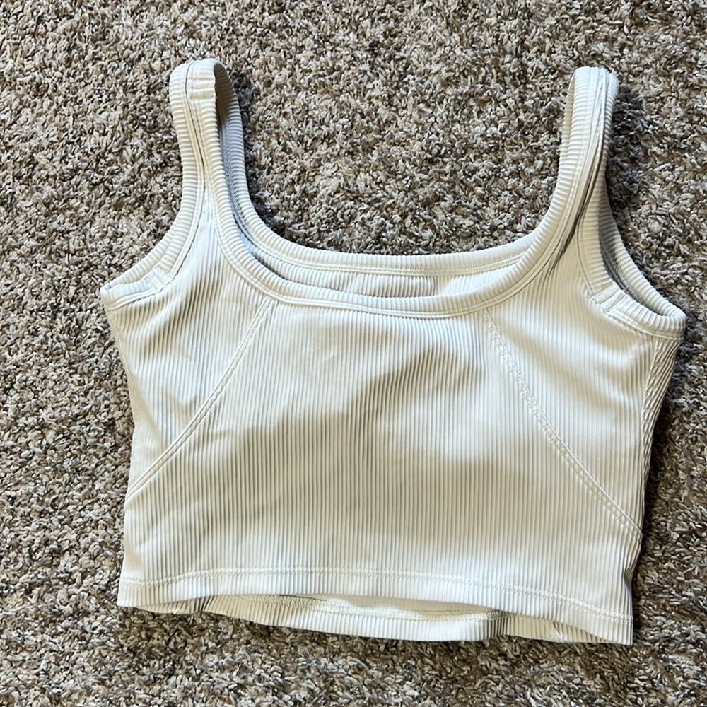 Cream Ribbed long lined bra/crop tank - Picture 2 of 3